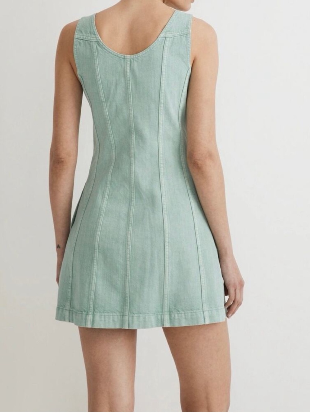 Madewell Sleeveless Mint Green Button-Front Denim Mini Dress Size 12 EUC Cotton - Picture 2 of 11